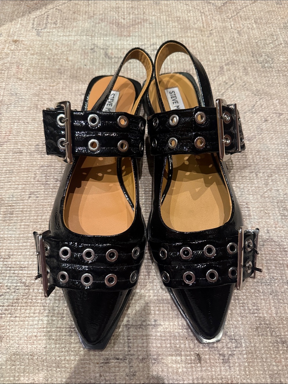 Steve Madden Black Patent Pointed Slingback Mules with Grommet Straps